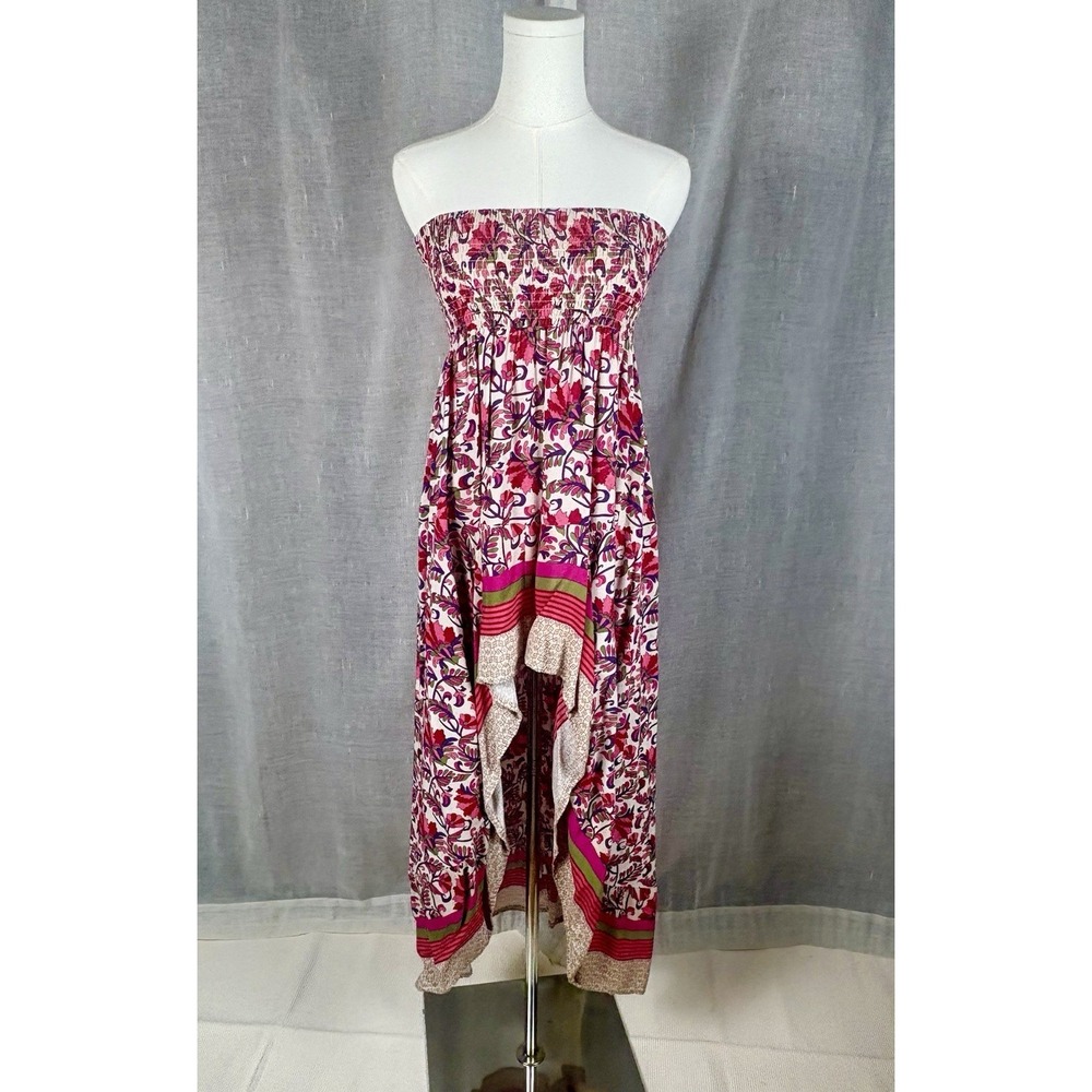 Convertible‎ Strapless Boho Fairy Dress Skirt Pink Floral Cover Up Cotton Sz S